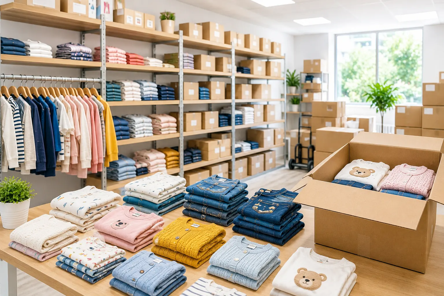 Magazzino stock bambino con colli, stender e fine serie